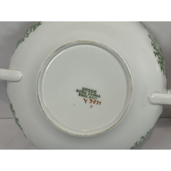 Spode Green Coral Cream Soup Bowl & Saucer Set Gold Trim EUC Rare Vintage - Picture 9 of 12